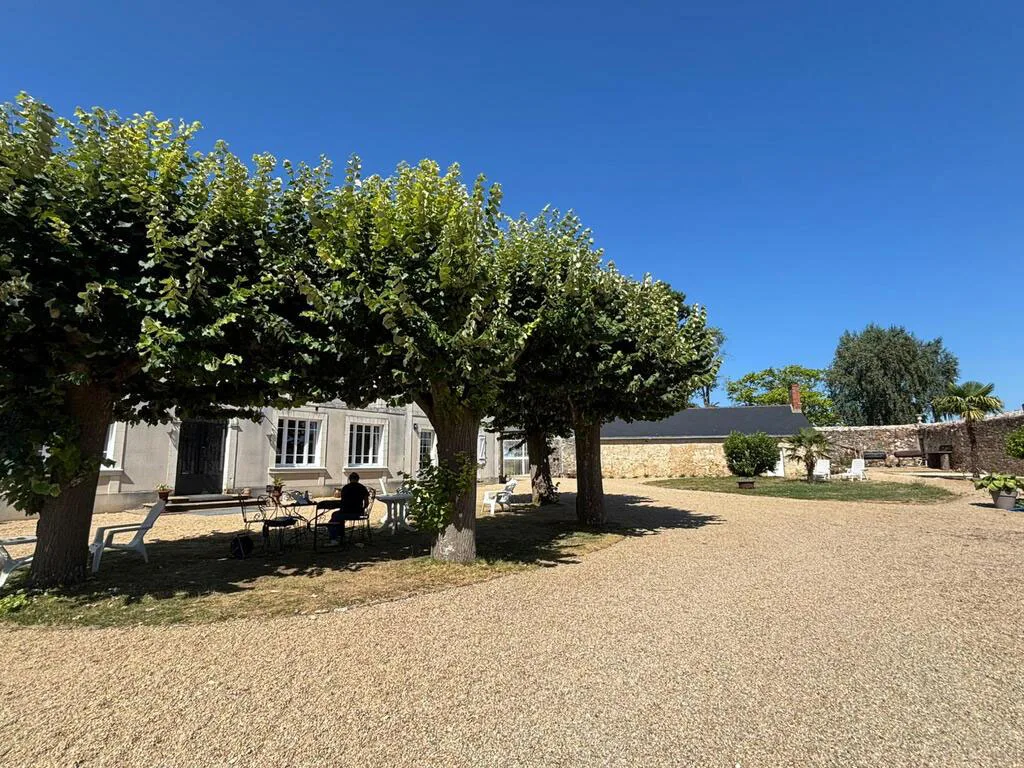 Gîte de groupe Logis du Domaine de Pied Flond à Terranjou — Cour en gravier avec tilleuls taillés et façade en pierre sous ciel bleu, capacité 12 personnes