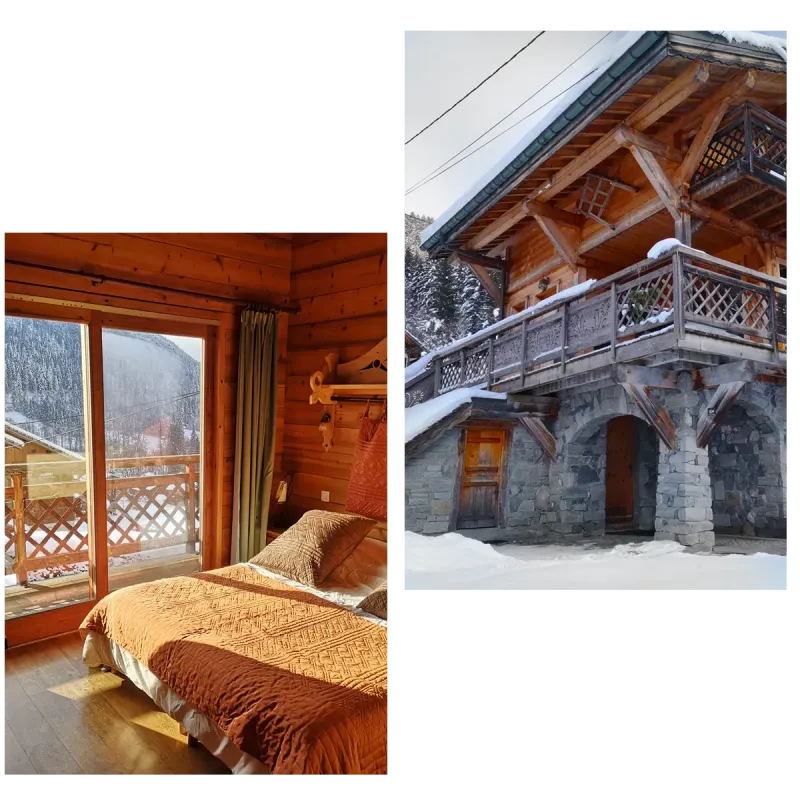 Vue générale du chalet pour 30 personnes dans les Alpes avec balcons et extérieurs enneigés