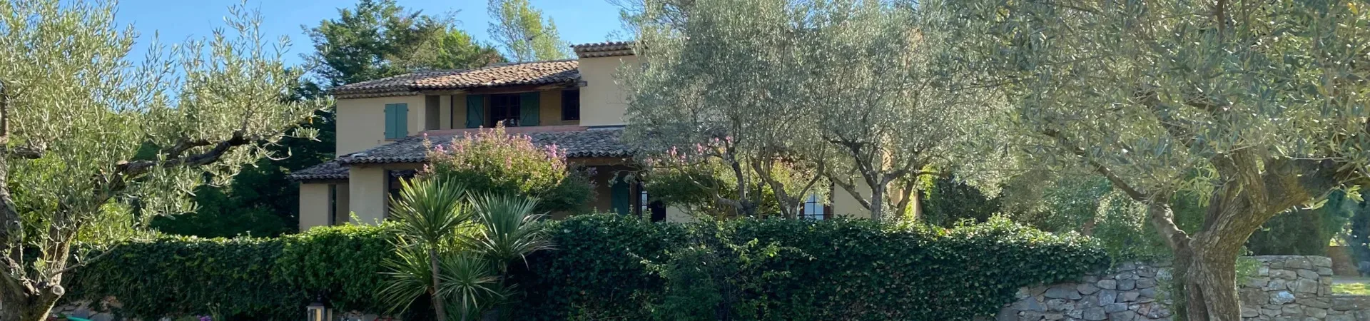 Gîte de groupe Mas Les Heures Bleues à Lorgues — Façade provençale du mas entourée d'oliviers centenaires avec volets bleus, capacité 14 personnes