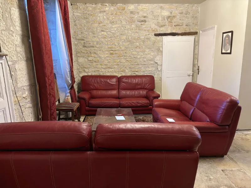 Salon avec canapés en cuir bordeaux et mur en pierre apparente