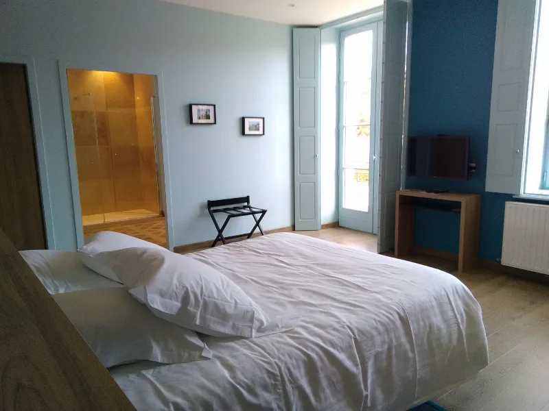 Chambre double aux tons bleus avec salle d'eau attenante et accès balcon