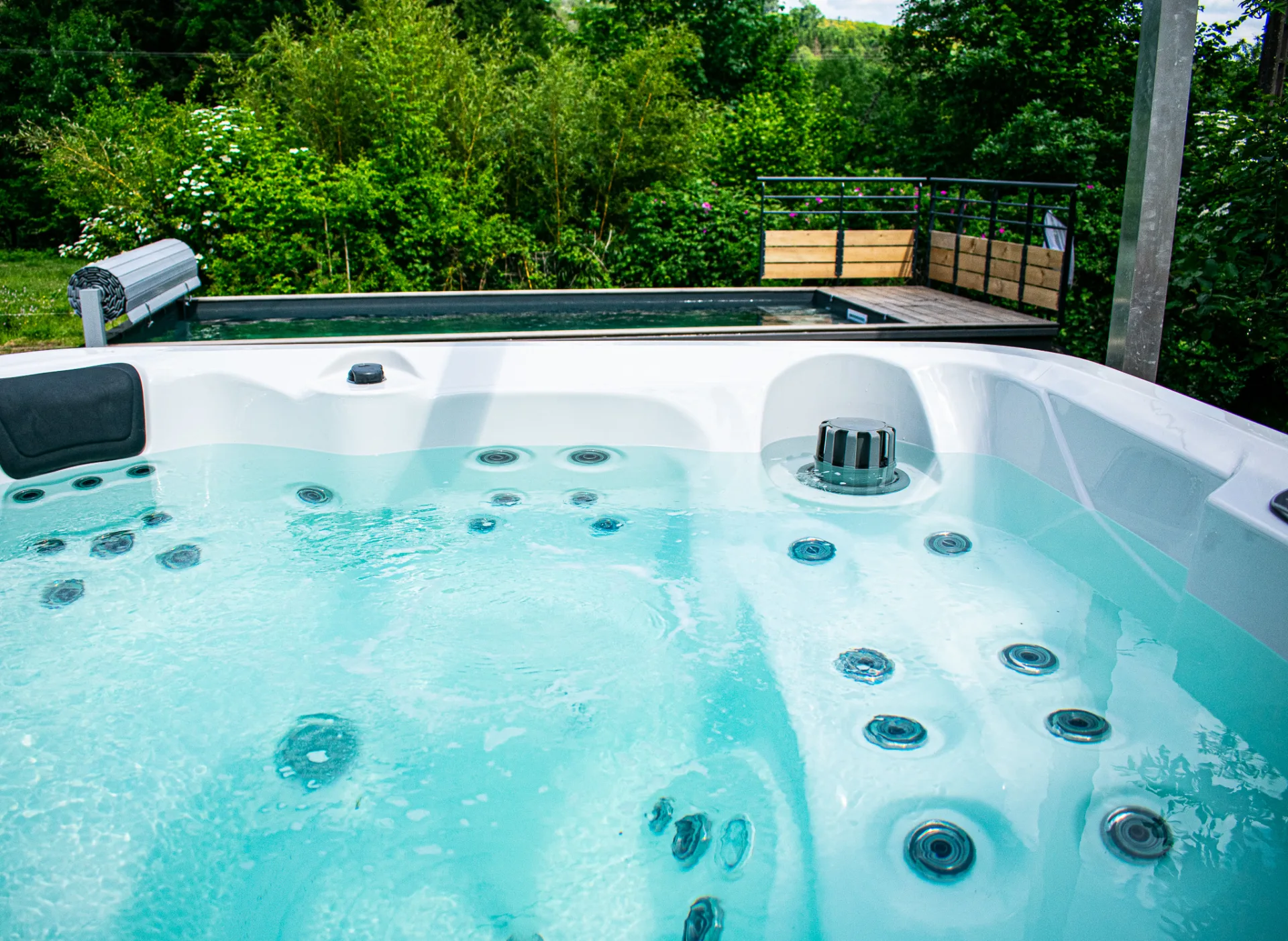 Bain à remous extérieur entouré d'arbres dans le jardin