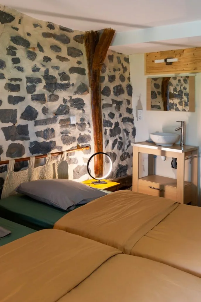 Chambre avec lits jumeaux, murs en pierre apparente et vasque design