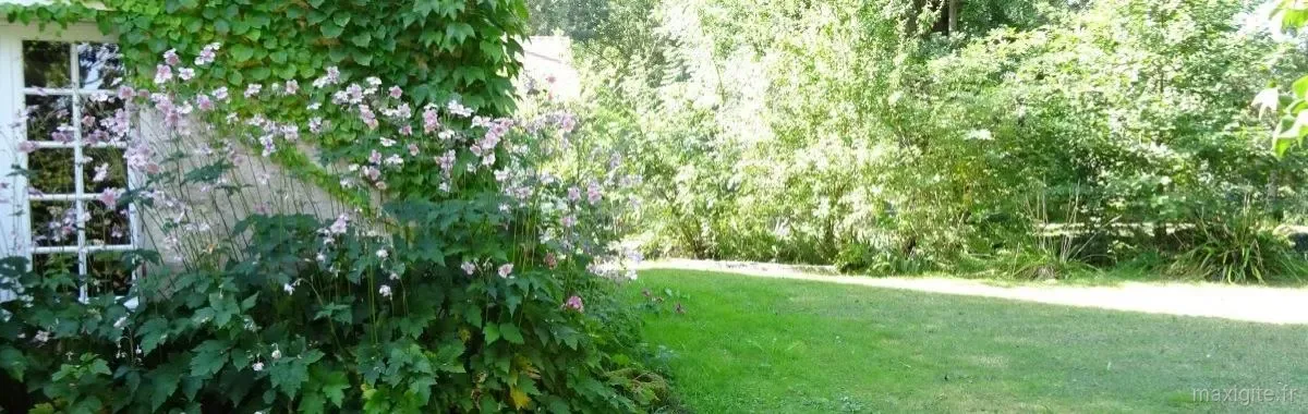 Massif de fleurs roses et blanches devant une fenêtre à volets blancs de la maison