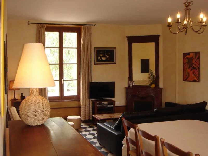 Salon avec cheminée en pierre, canapé et grande table basse