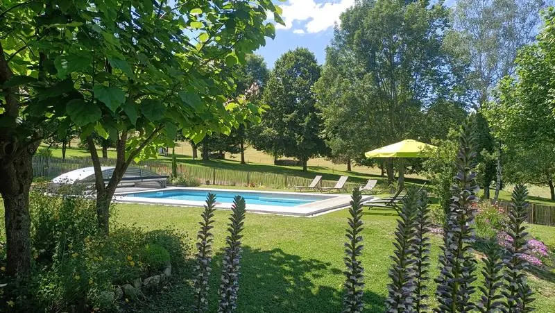 Piscine extérieure entourée d'arbres, transats et parasol sur la pelouse du domaine