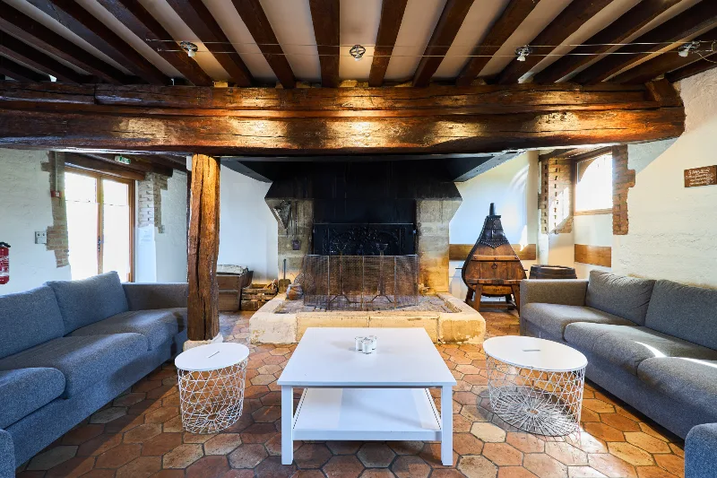 Grand séjour avec canapés gris et cheminée en pierre ancienne pour se retrouver au coin du feu