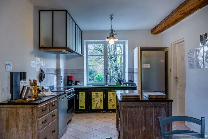 Cuisine équipée avec îlot central, four professionnel et grande fenêtre sur le jardin