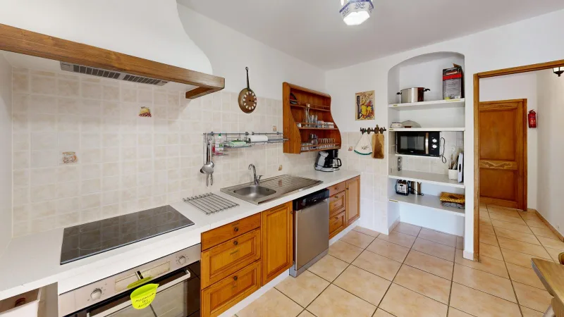 Cuisine équipée avec plaques à induction, four, lave-vaisselle et espace de rangement en bois