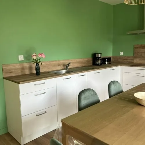 Cuisine équipée aux murs verts avec plan de travail en bois