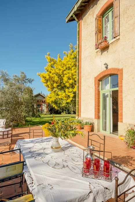 Terrasse extérieure dressée pour un repas sous un mimosa en fleurs