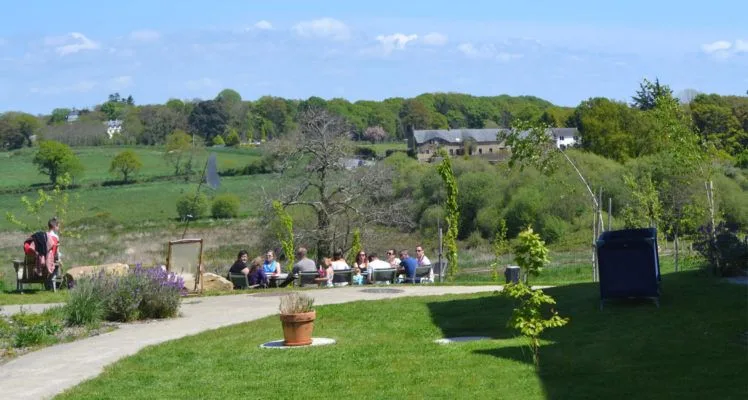 Groupe profitant d'un pique-nique en extérieur dans le parc du domaine