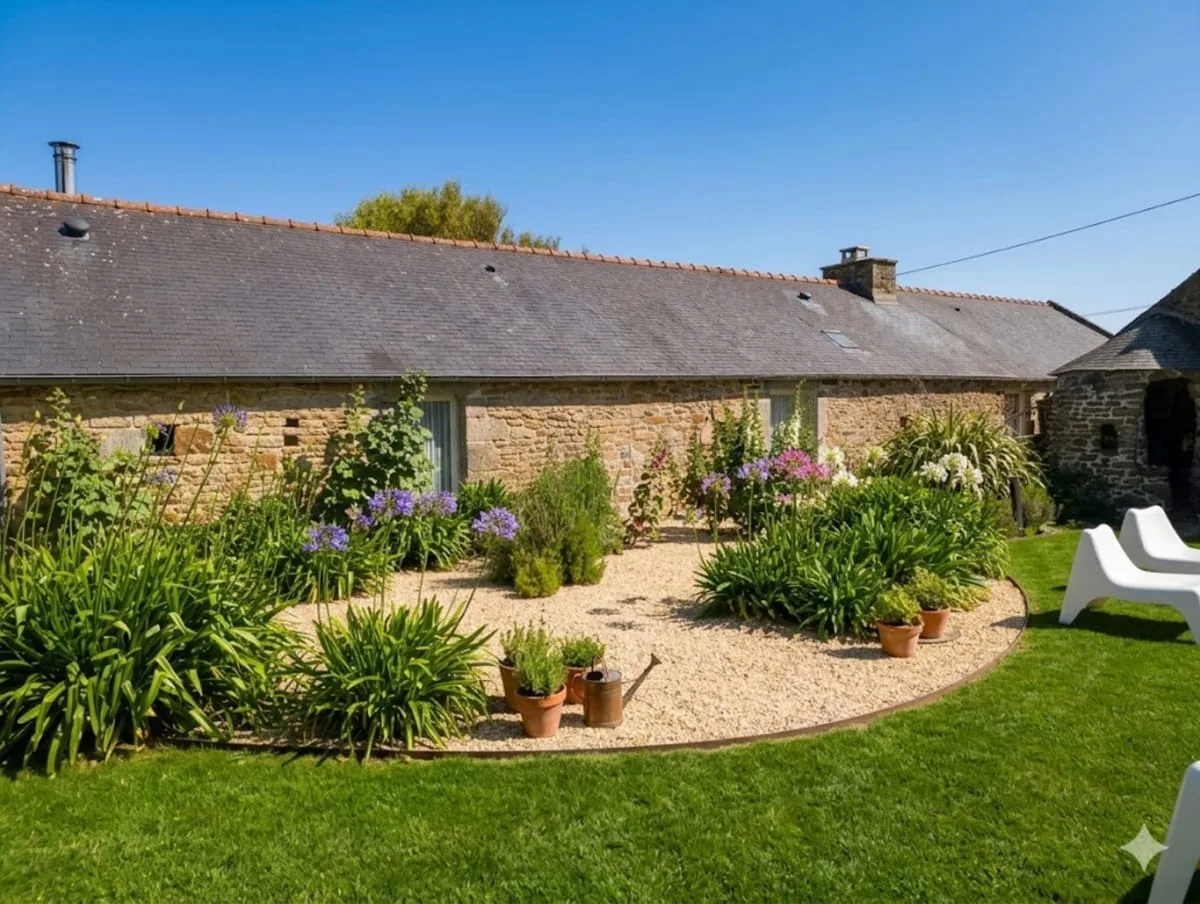 Cottage en pierre du domaine avec jardins fleuris et cour ombragée