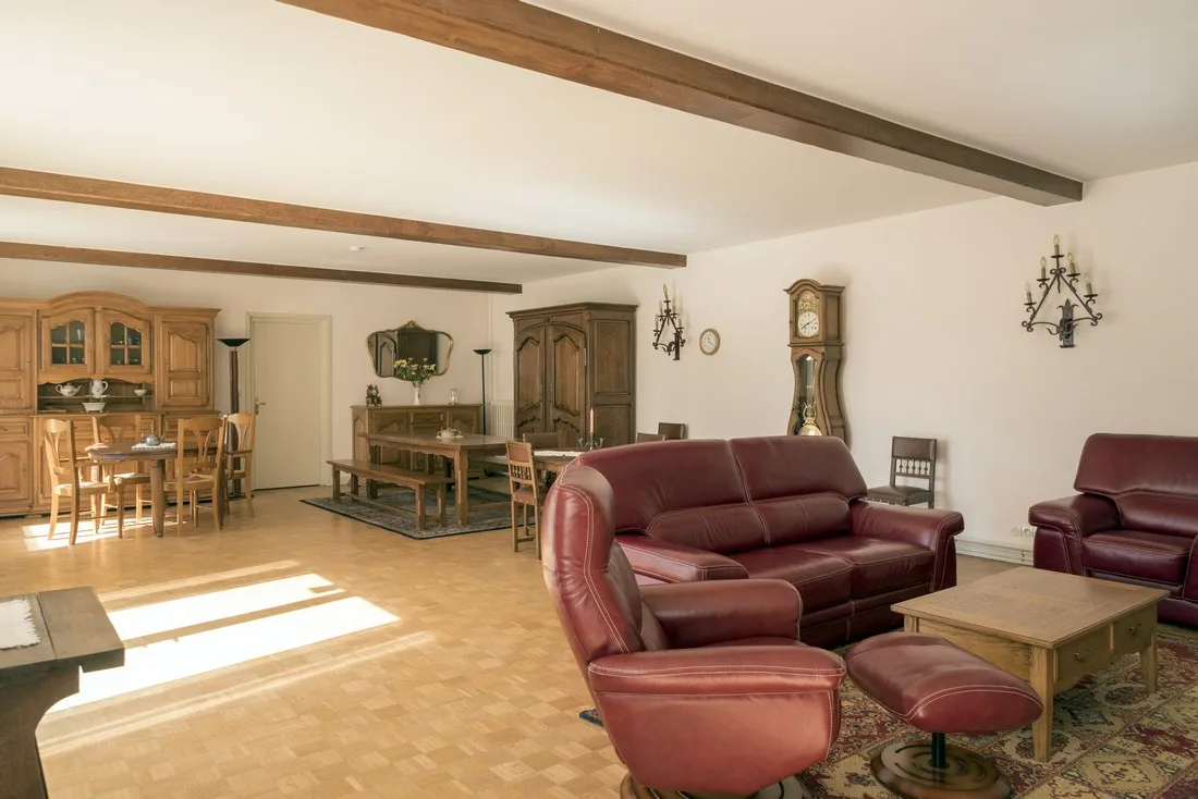 Salle à manger avec cheminée en pierre et grande table en bois