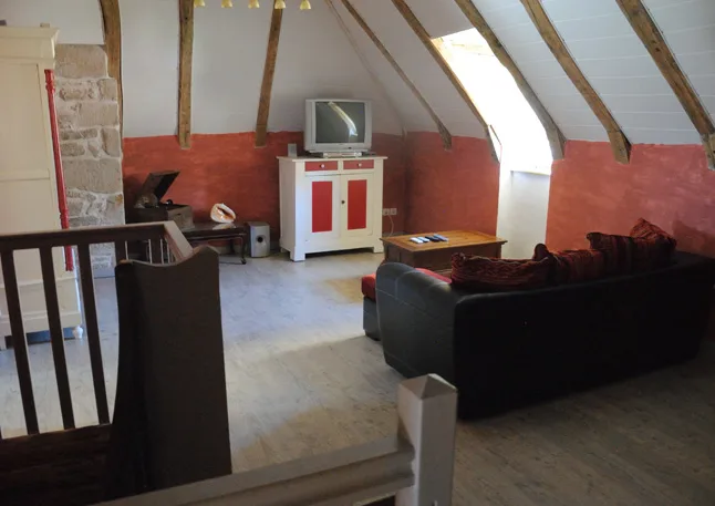 Salon mezzanine sous charpente apparente avec canapé et télévision