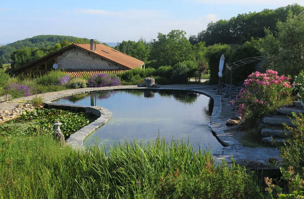 Gîte de groupe Grand Gîte Gary à Dolmayrac — Grand Gîte Gary – façade en pierre et colombages au bord de l'étang avec piscine naturelle, capacité 15 personnes