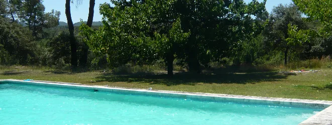 Piscine extérieure entourée d'arbres et de verdure, vue dégagée sur le jardin
