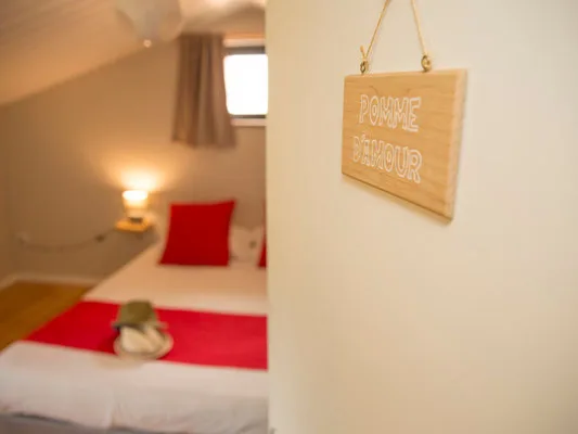 Chambre lumineuse avec lit et coussins rouges sous les combles