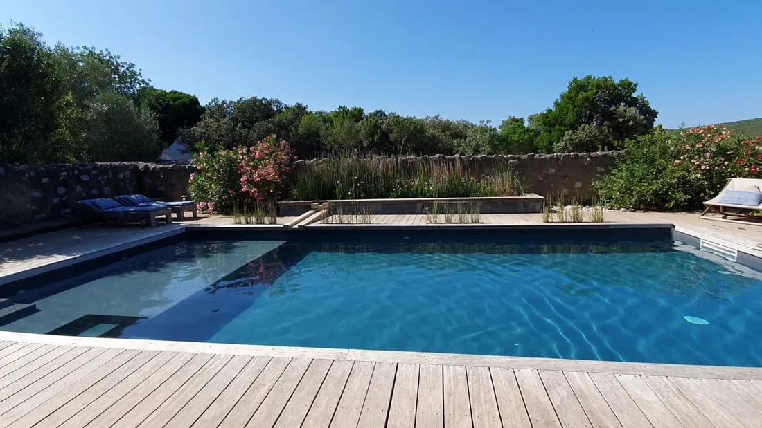 Piscine au sel avec terrasse en bois et transats, entourée de nature préservée