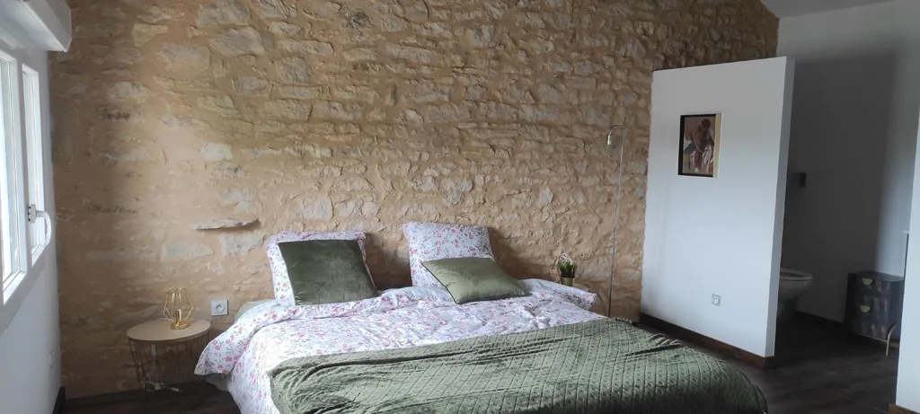 Chambre double avec mur en pierre apparente et salle d'eau attenante