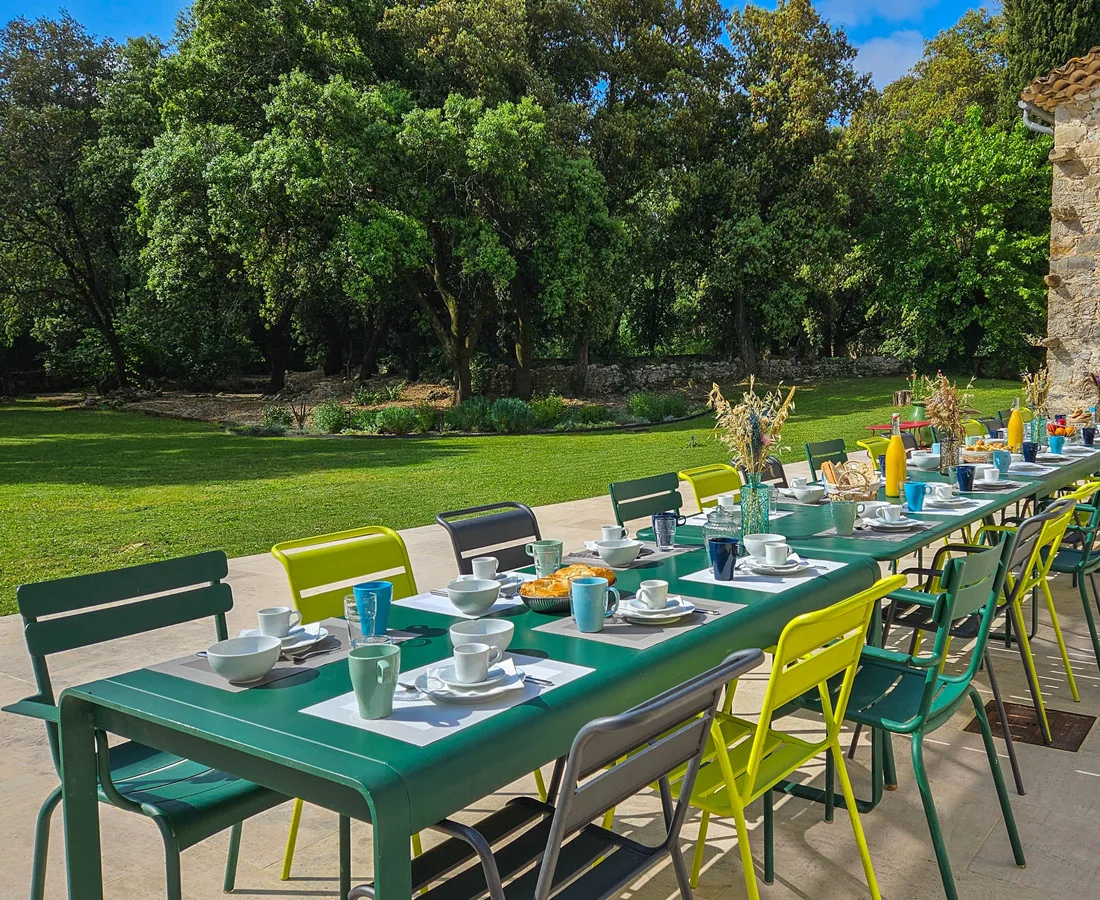 Grande terrasse ombragée donnant sur le parc arboré du domaine