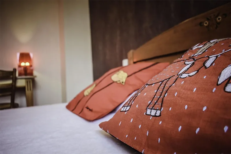 Gros plan sur coussins brodés orangés et couette blanche dans une chambre du gîte