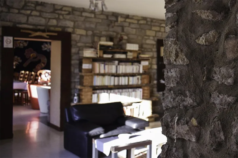 Salon intérieur avec canapé noir, bibliothèque en bois et mur en pierres apparentes