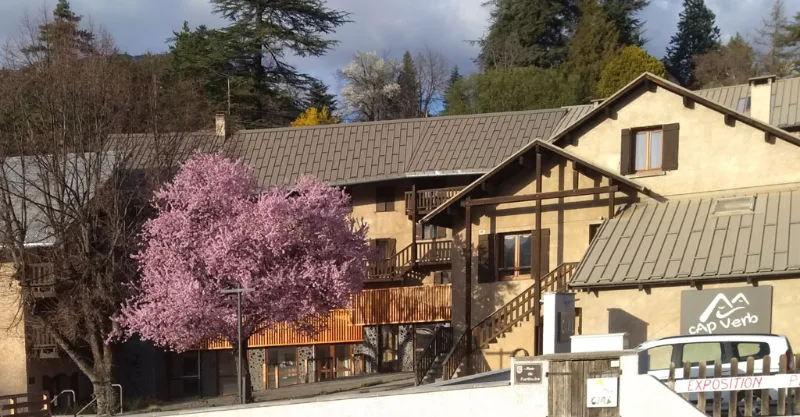 Façade du centre de vacances CapVerb avec cerisier en fleurs et bâtiment principal