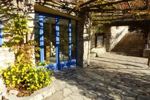 Terrasse de l'entrée avec tables et chaises en bois face au jardin