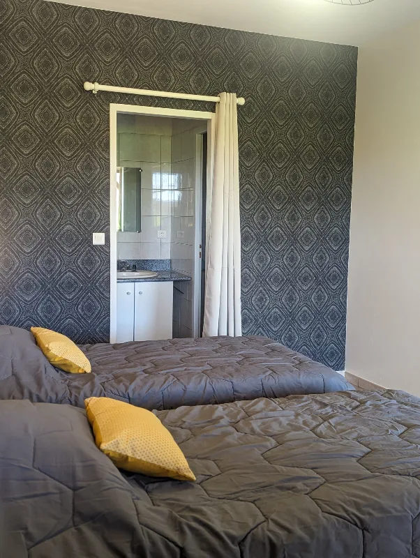 Chambre double avec papier peint geometrique, coussins jaunes et salle d eau attenante