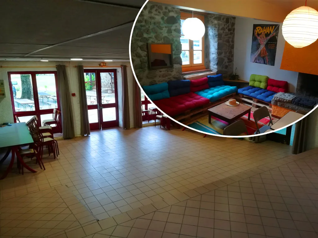 Grande salle d'activités polyvalente avec sol carrelé, tables et chaises, en médaillon espace lounge avec coussins colorés