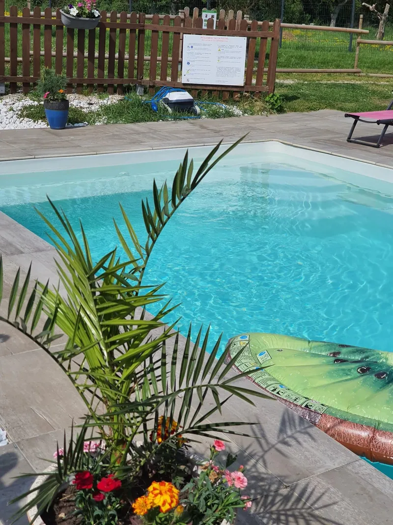 Piscine extérieure turquoise entourée d'une terrasse en dalles claires et de massifs fleuris