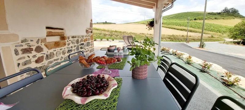 Terrasse couverte du gîte avec vue panoramique sur la vallée de la Turdine et le vignoble beaujolais