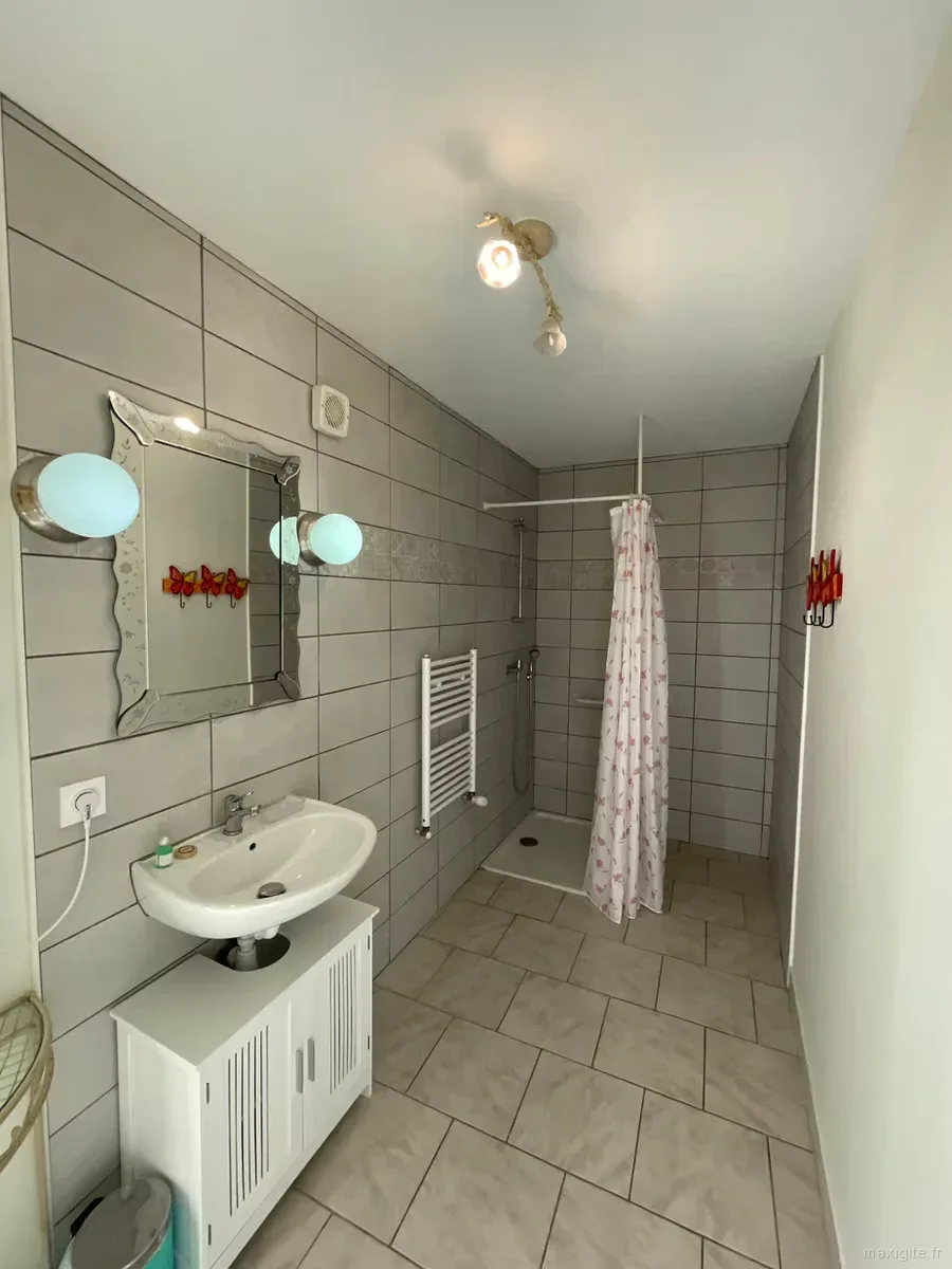 Salle d'eau avec rideau de douche à motifs fleuris roses et miroir orné de papillons