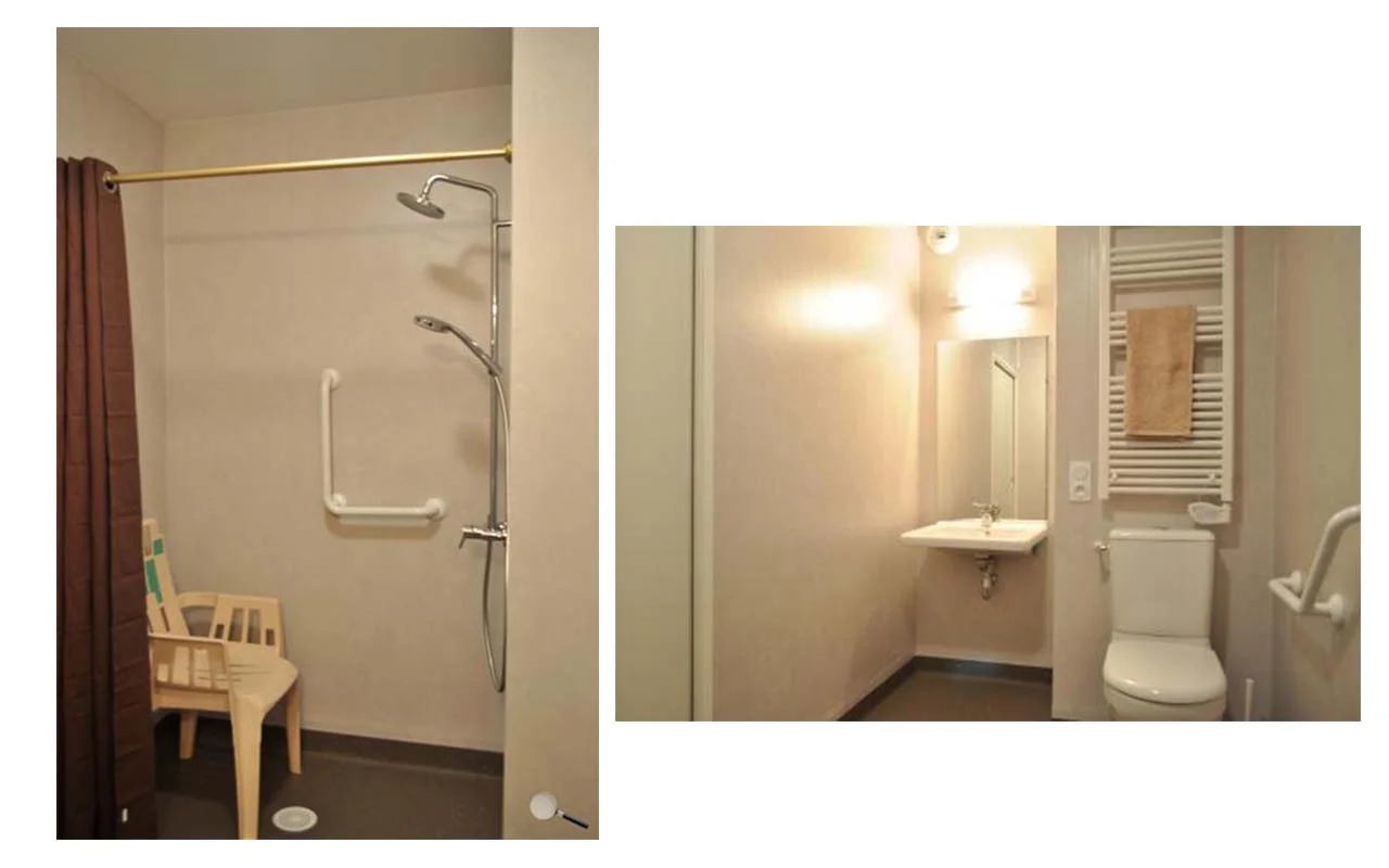 Douche accessible PMR avec barre d'appui, et salle d'eau attenante avec lavabo, sèche-serviettes et WC