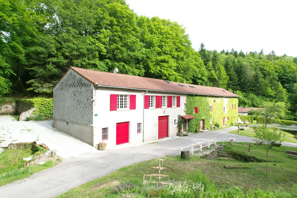 Gîte de groupe Le Bois des Fées à Les Martys — Vue aérienne par drone de la longère du Bois des Fées dans sa clairière boisée, capacité 12 personnes